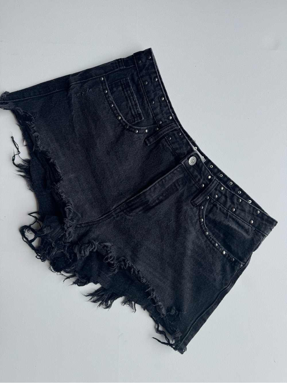 Austin Landing Black Studded High-Rise Frayed Denim Shorts, Size 31